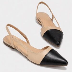 NIB Two Tone Cap Toe Slingback Flats Nude Black Pointed Toe Size 9.5 OYOANGLE